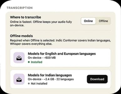 Speech to Note Mac app settings showing offline, on-device transcription mode