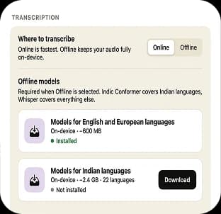 Speech to Note Mac app settings showing offline, on-device transcription mode
