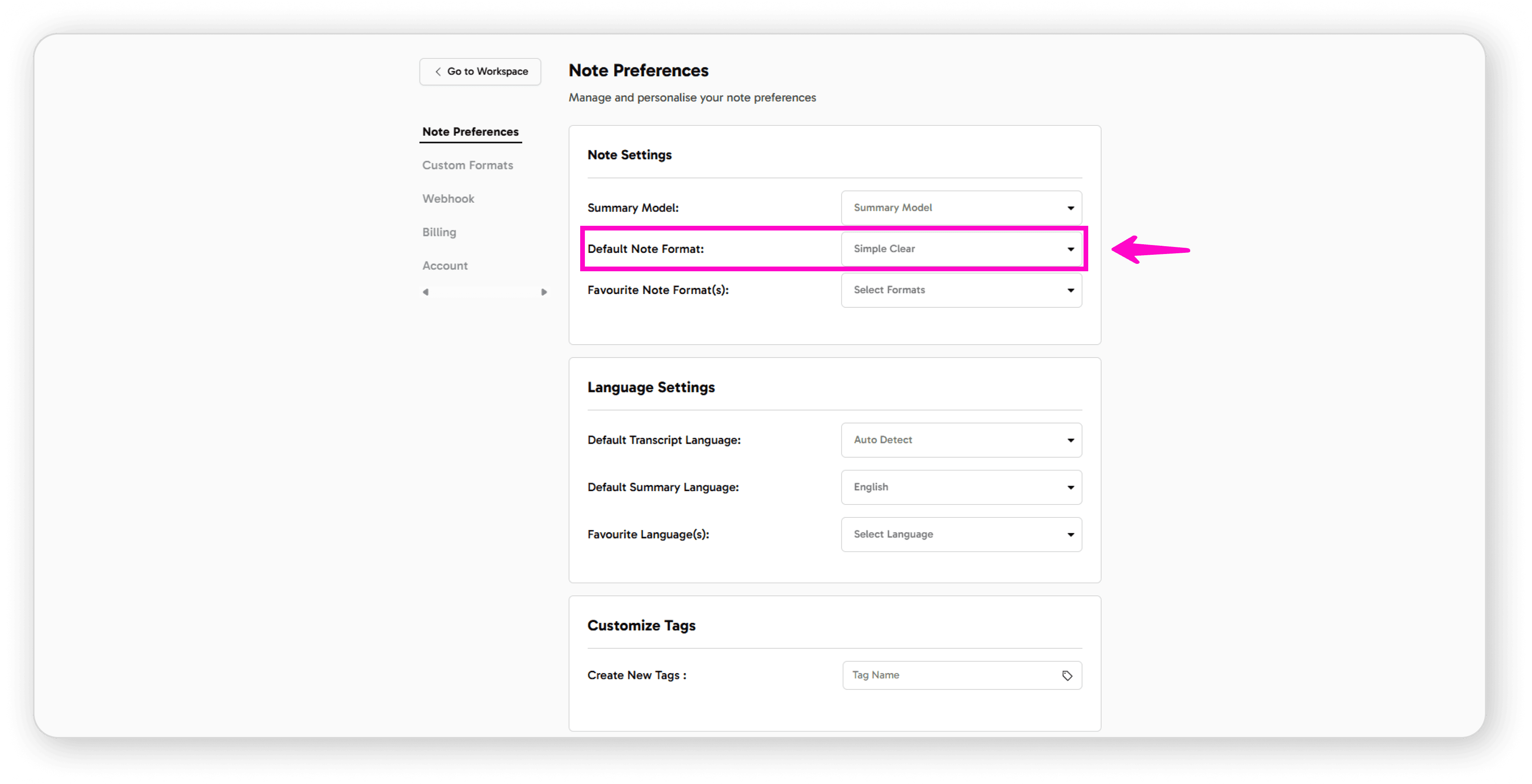 Default Note Format option