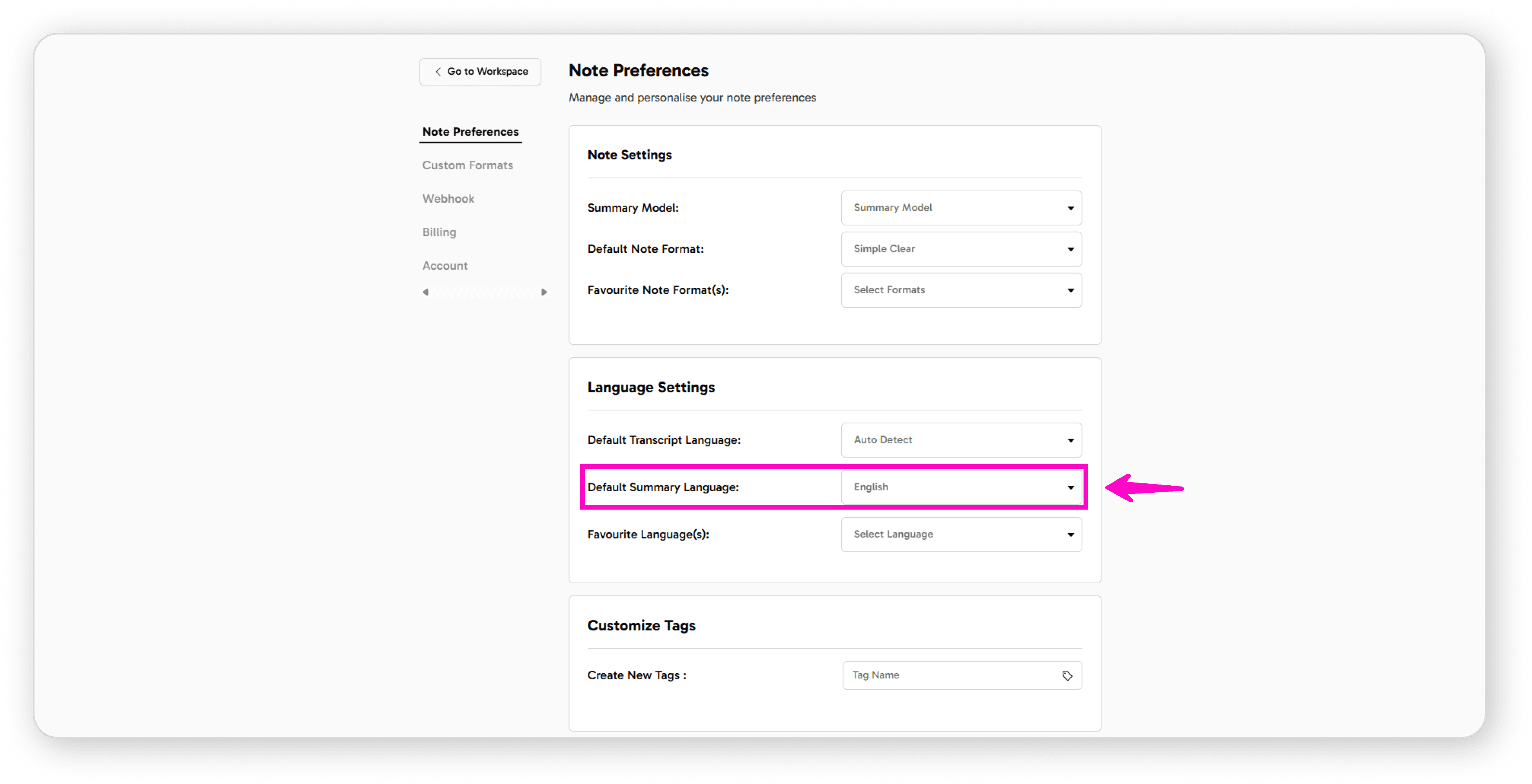 Default Summary Language option