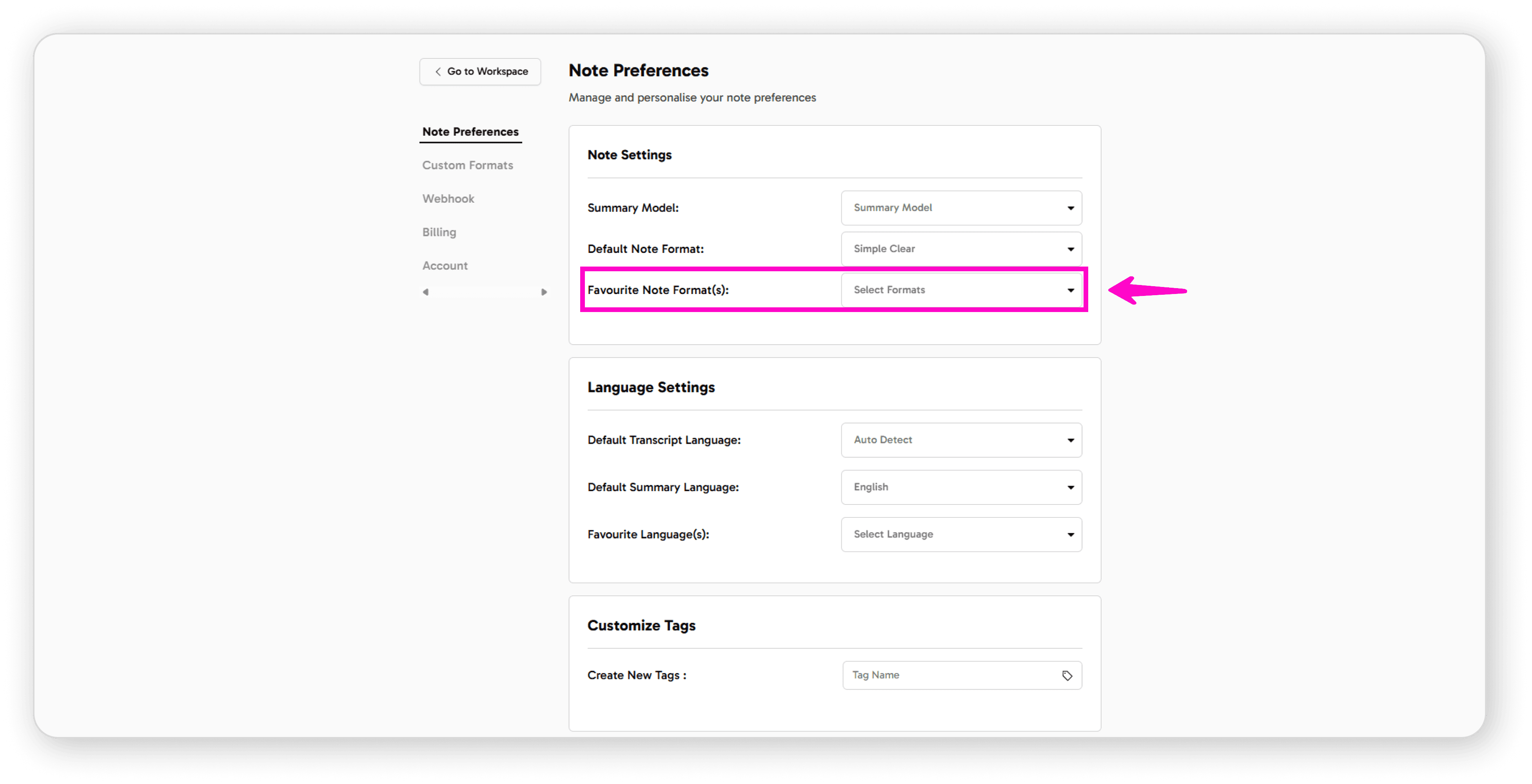 Favourite Note Format option