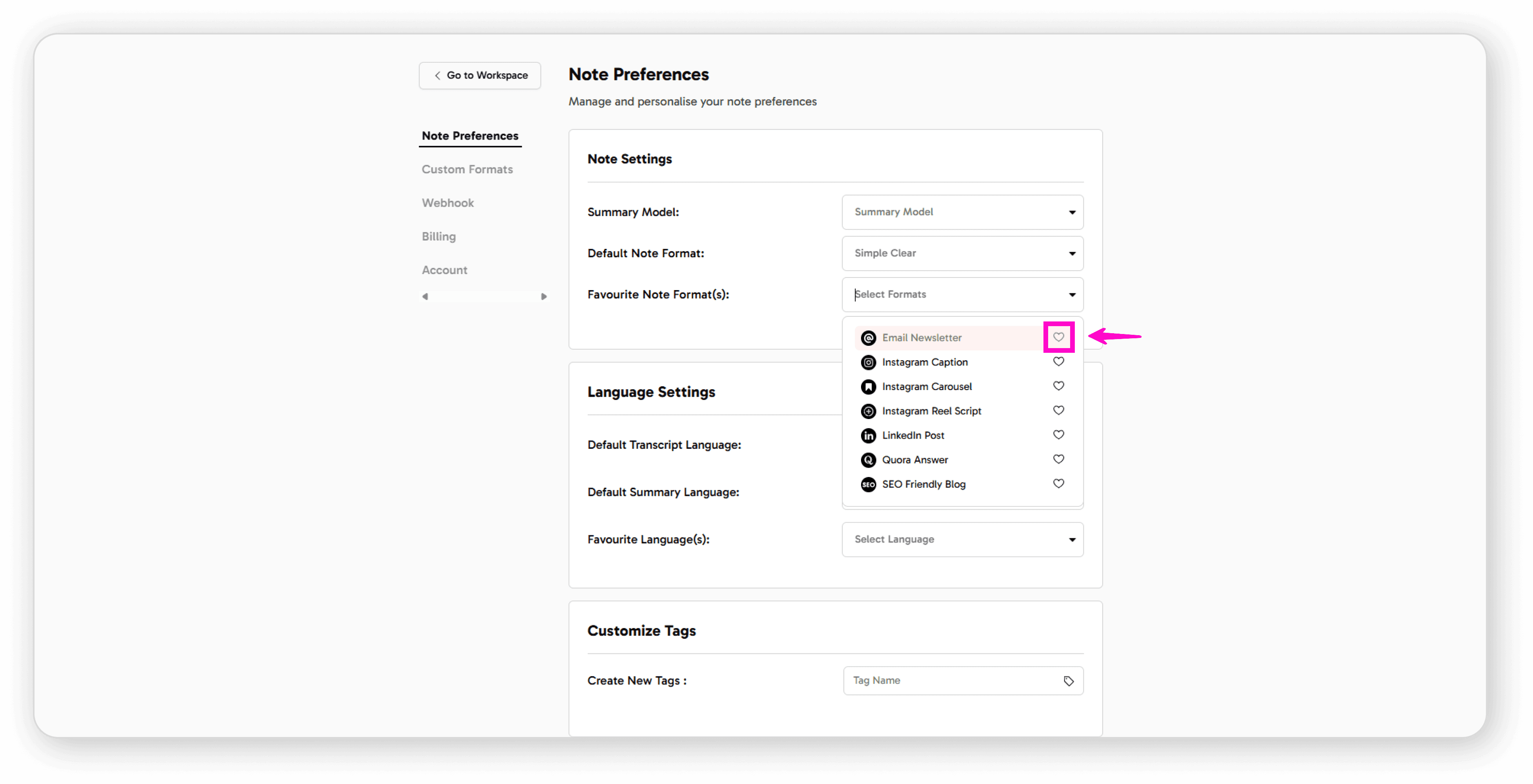 Heart icon to favourite format