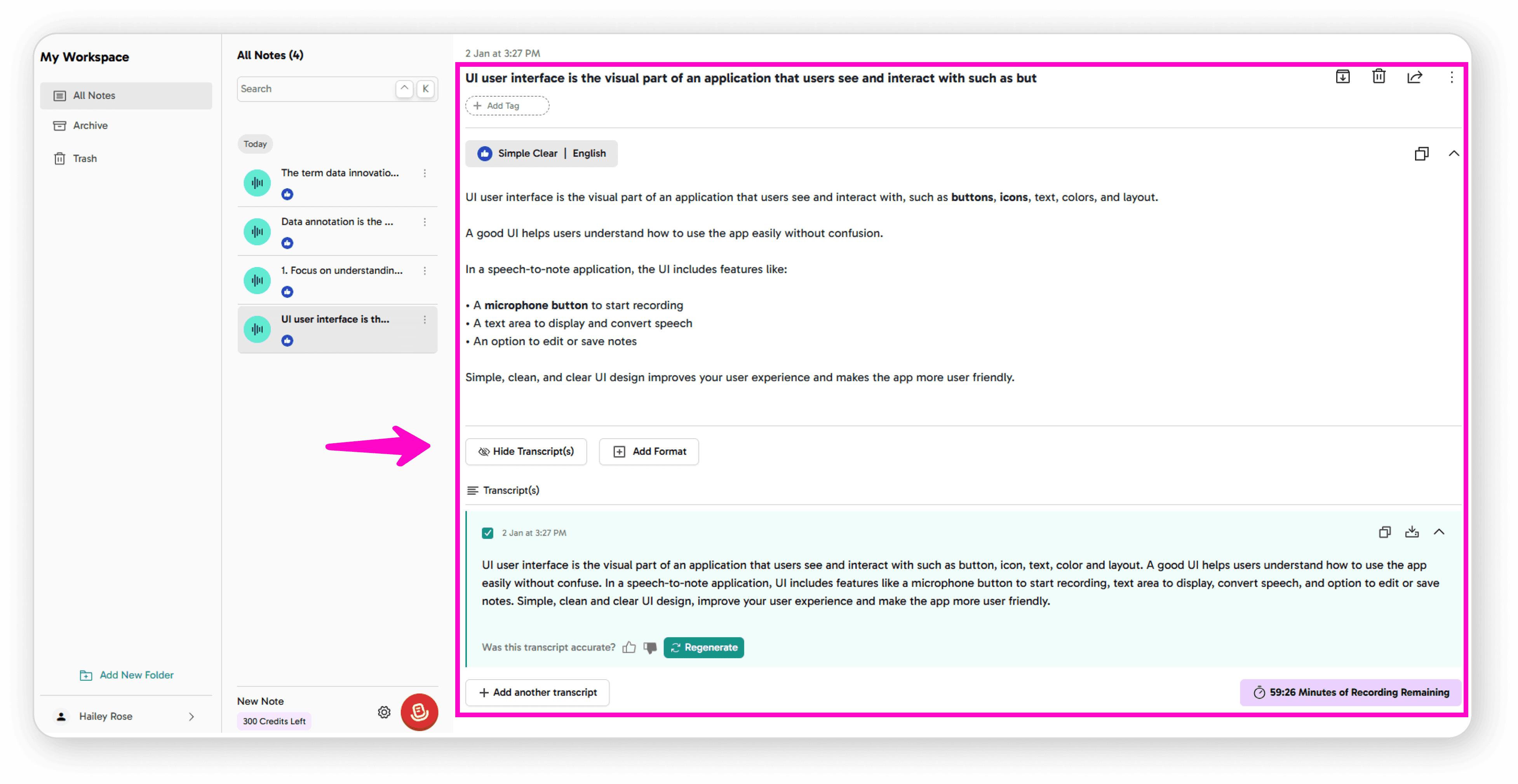 Note full content view