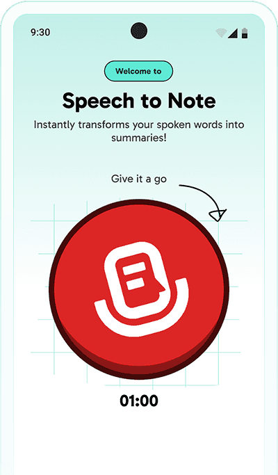Speech to Note mobile app interface on smartphone displaying voice recording screen