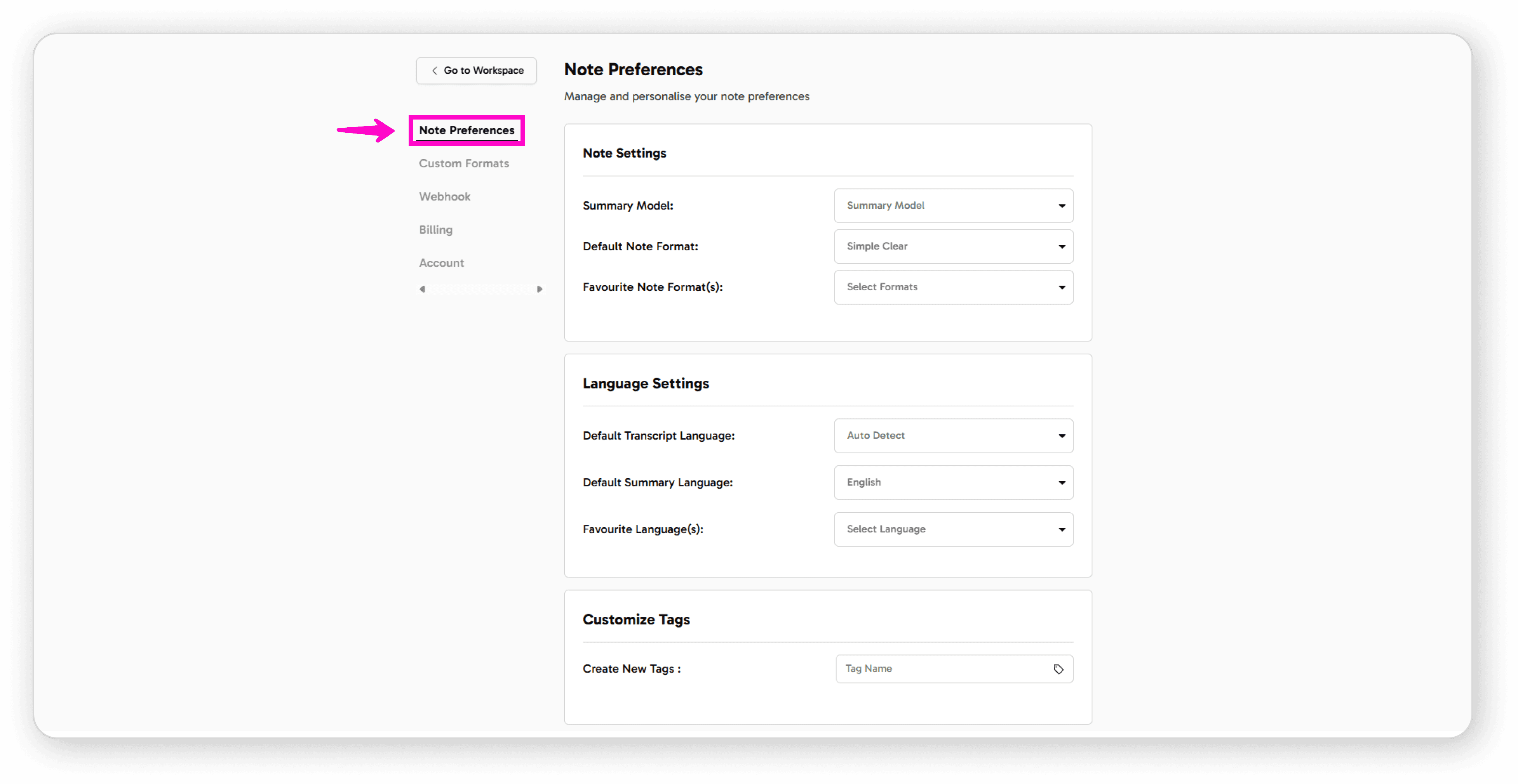 Note Preferences option