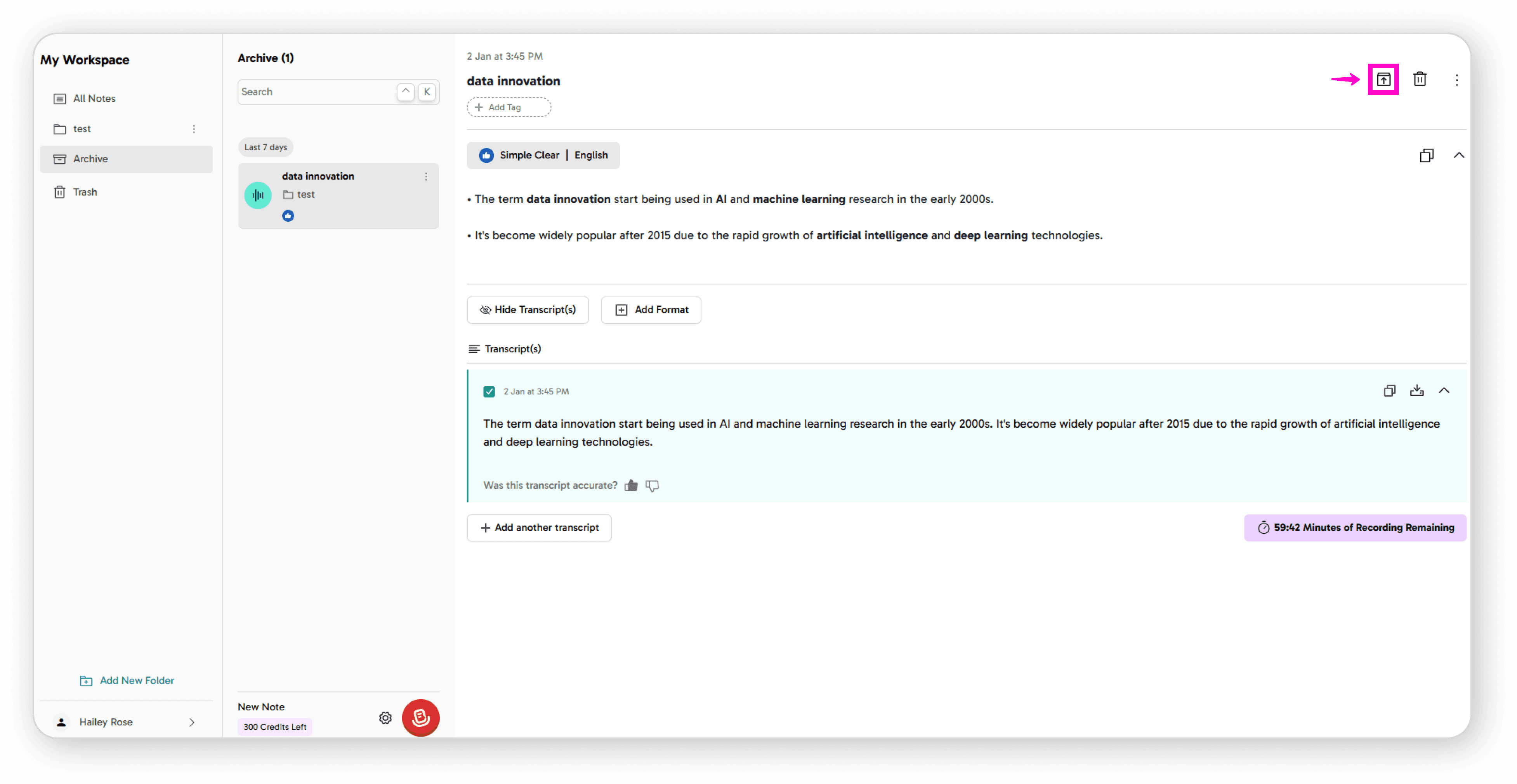 Unarchive icon in note