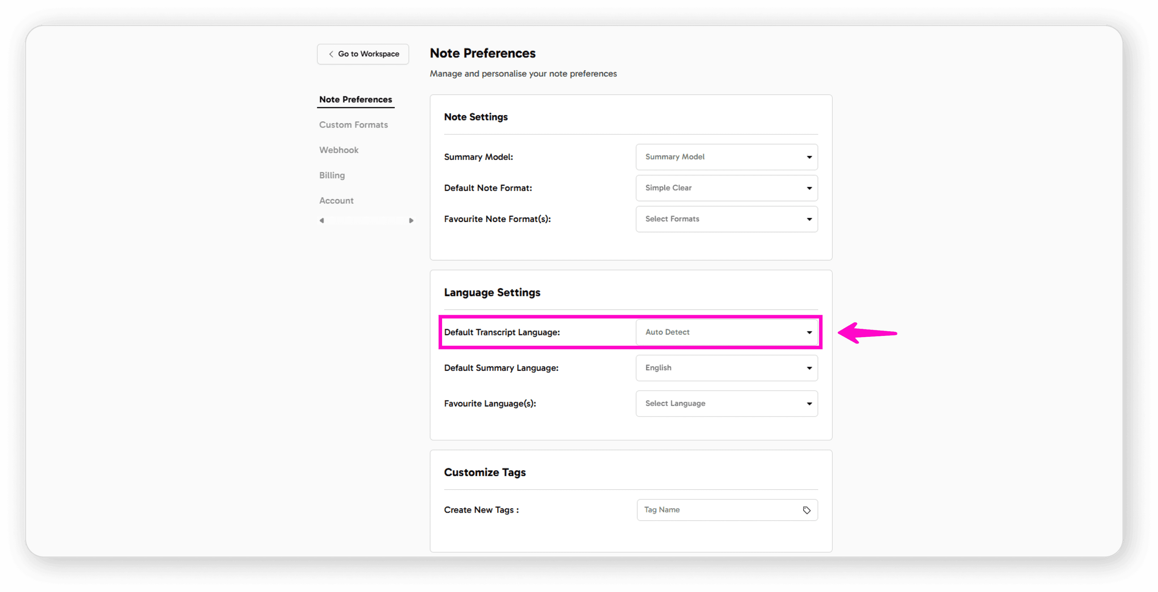 Default Transcript Language option