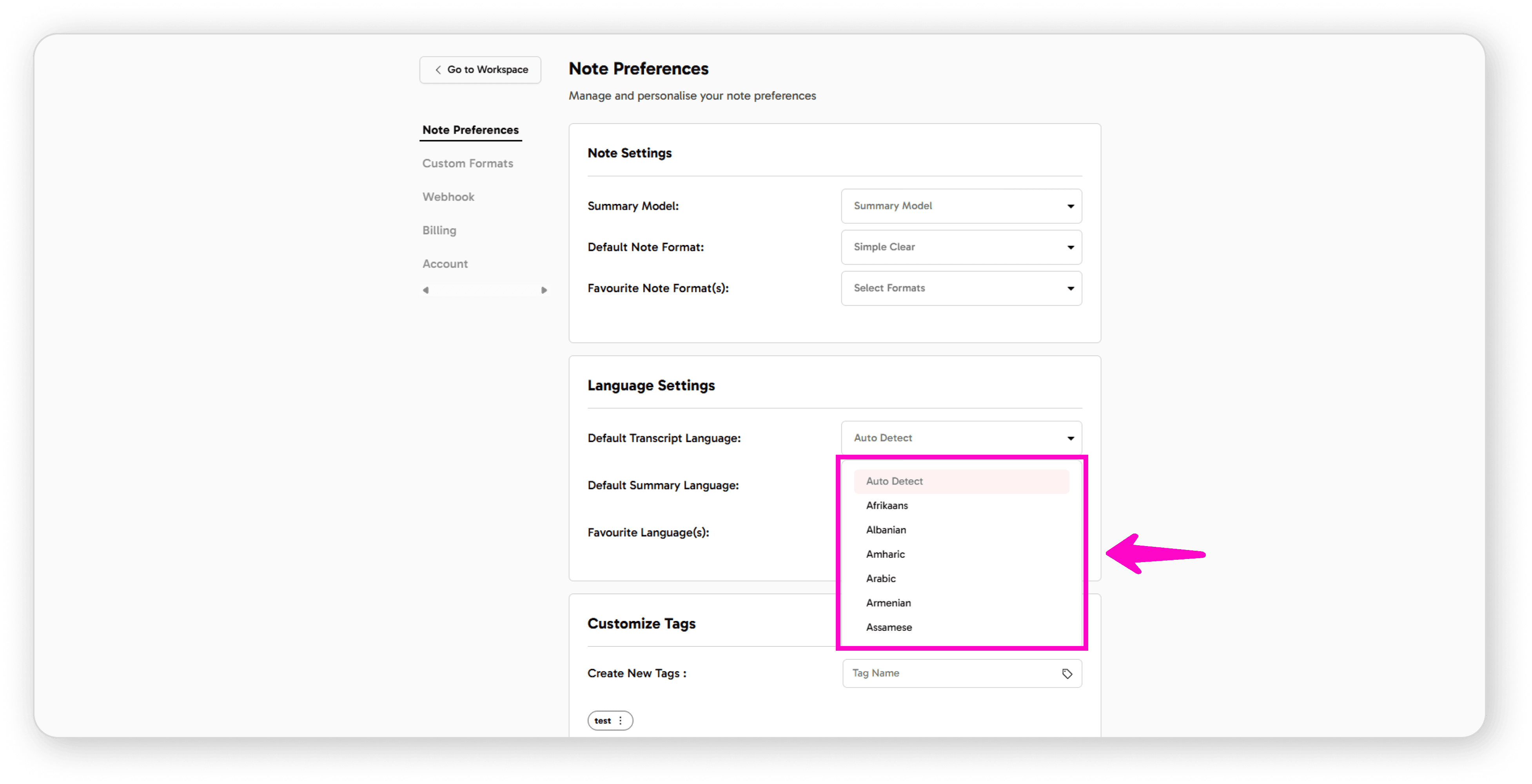 Select transcript language