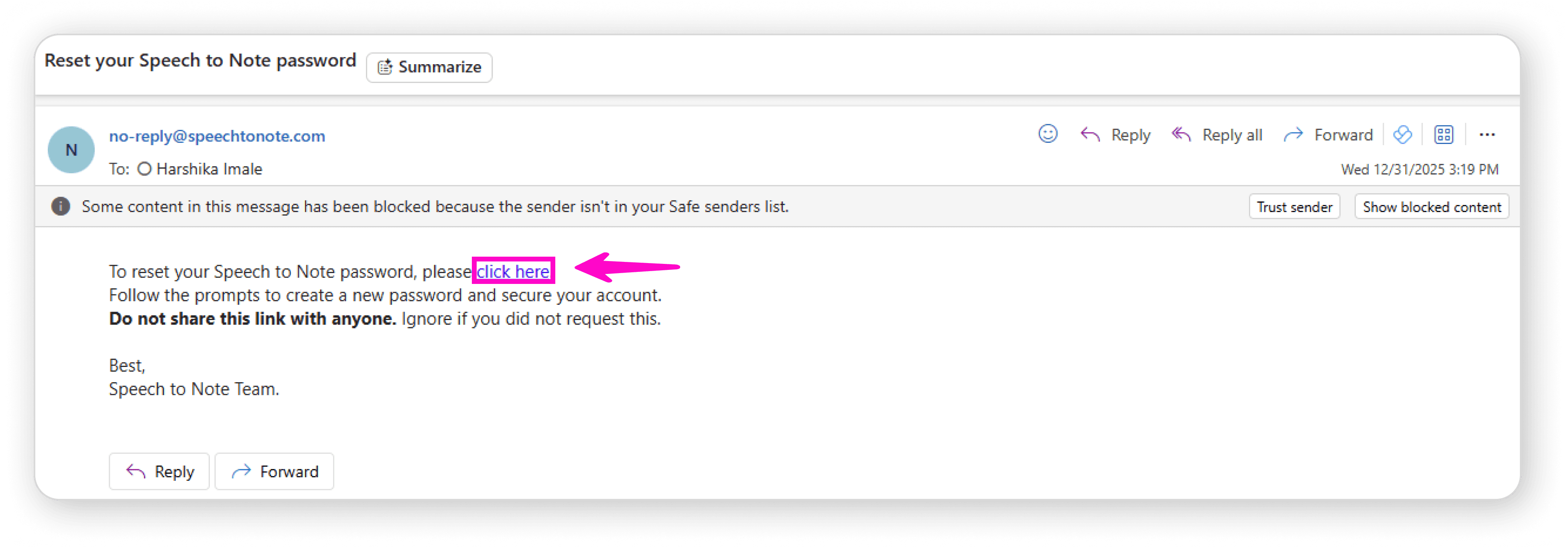 Click Here link in email