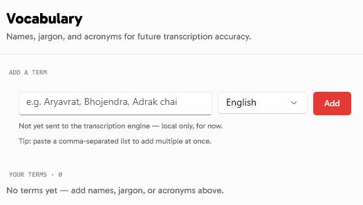 Vocabulary settings in the Speech to Note Windows app, where names, jargon, and acronyms are added to improve transcription accuracy